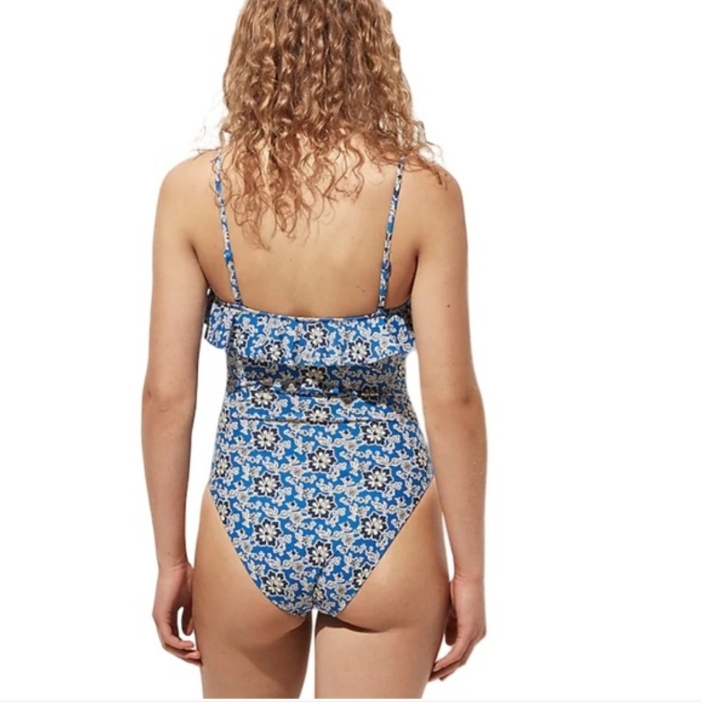 J. Crew Blue Floral Ruffle One-Piece Swimsuit - Picture 2 of 6